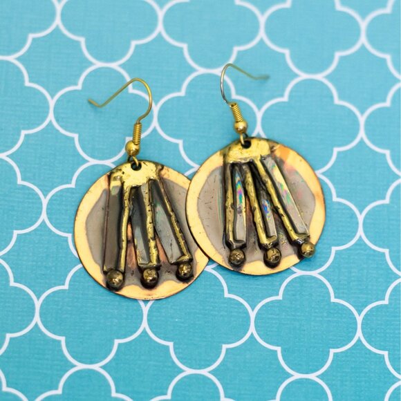 Vintage Geometric Lines Circle Gold Tone Copper & Brass Dangle Earrings - R35 - Picture 1 of 2